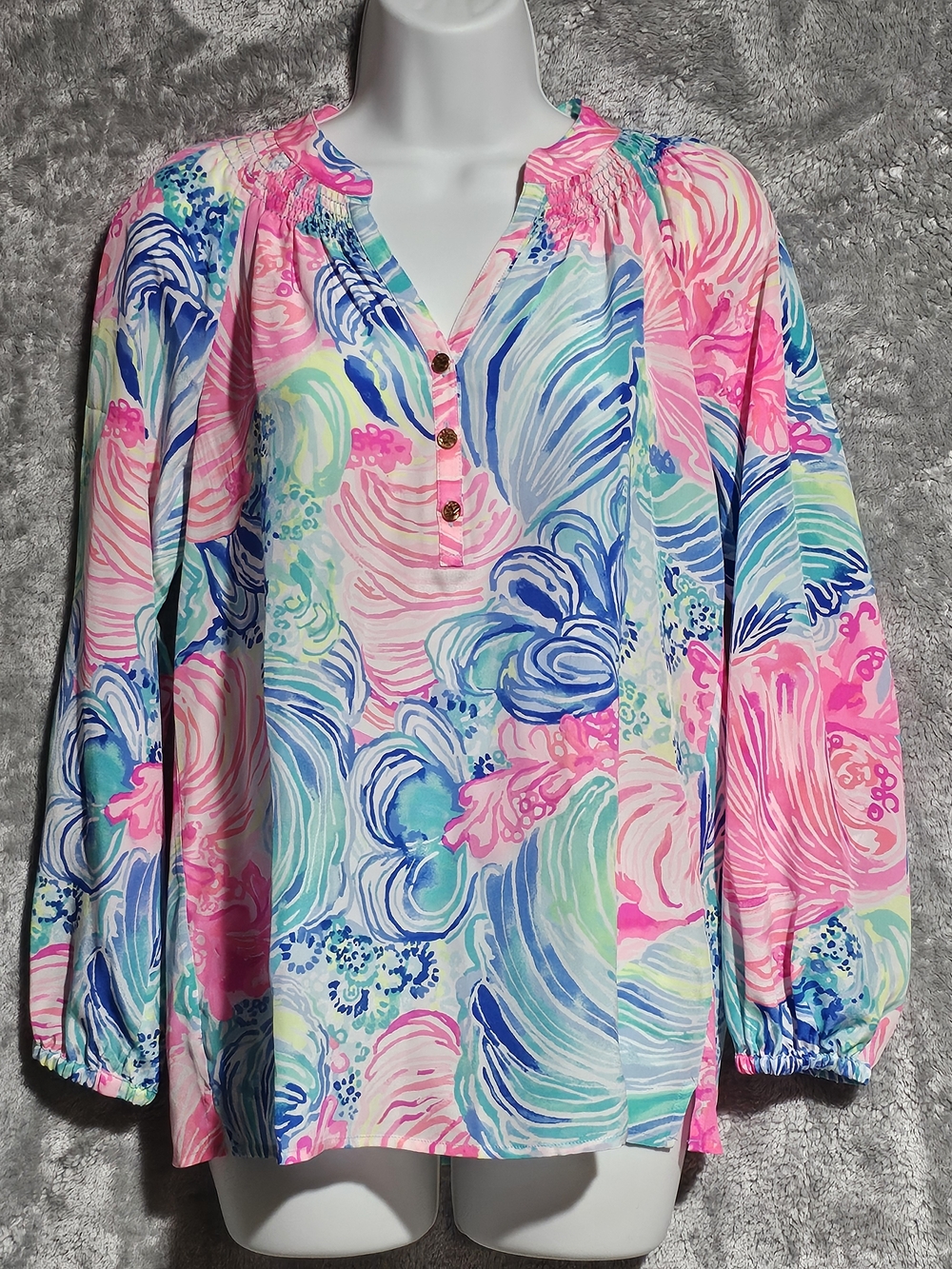 NWT Lilly Pulitzer Elsa Silk Blouse Beach Please Pink Blue XXS Resort